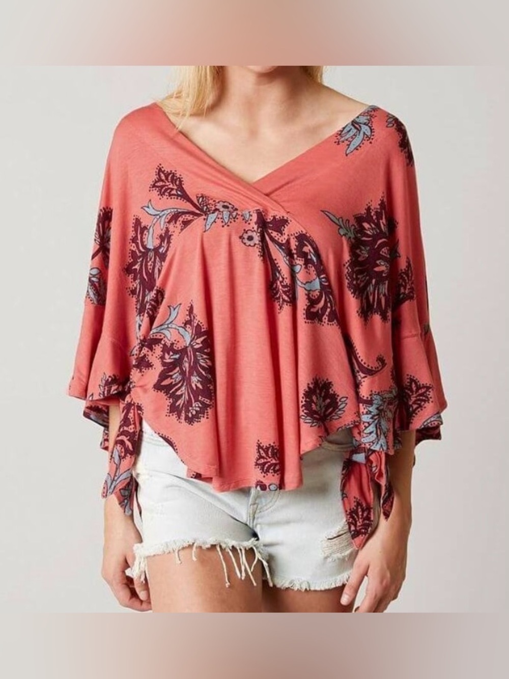 Free People Coral Floral Print Tie Sleeve Blouse - Size M